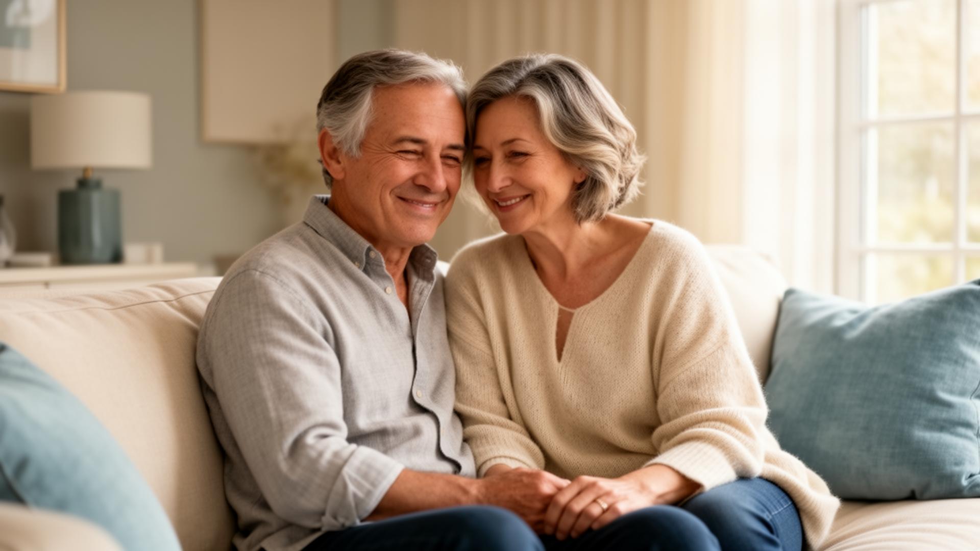 A couple sitting close together in warm light